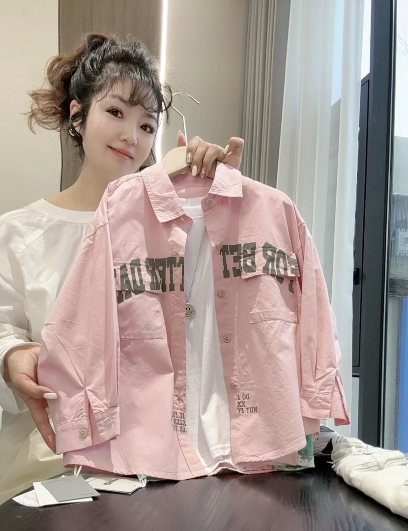 韩版纯棉字母印花衬衫男童春款女童百搭翻领长袖衬衣