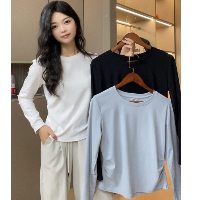 2025秋季新款收腰长袖打底衫女弧形下摆不规则T恤内搭小上衣