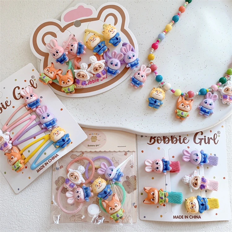 可爱儿童卡通树脂扎头发皮筋发圈头绳女童全包动物城发夹吊坠项链