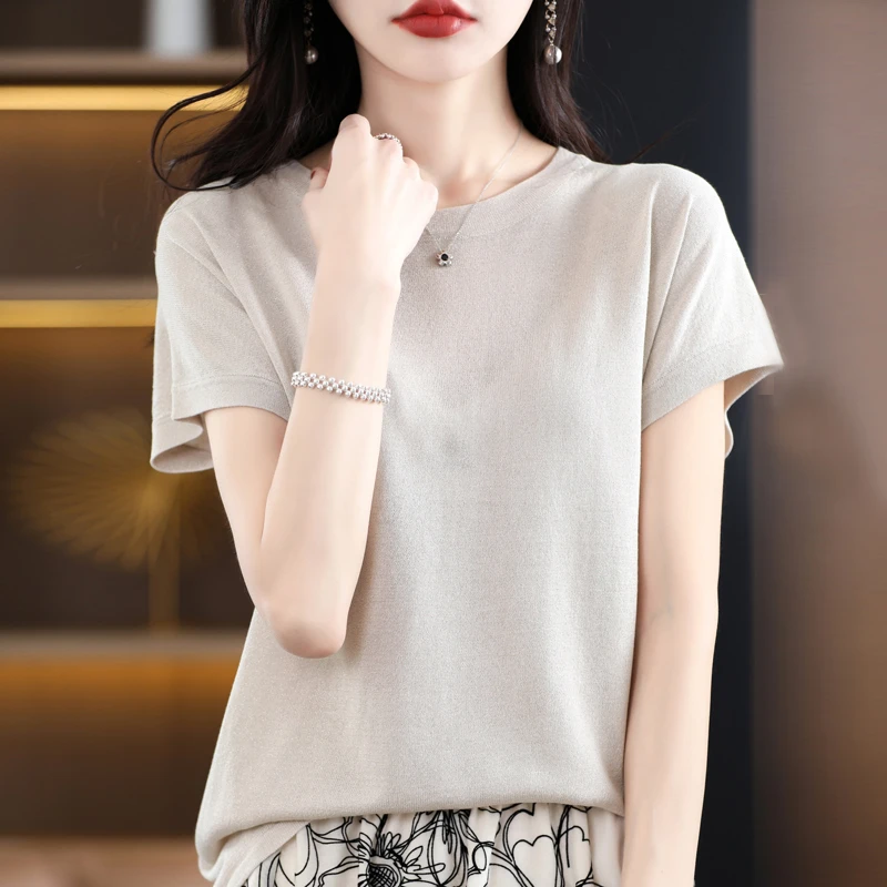 纯色夏季显瘦宽松T恤针织短袖夏季洋气设计感百搭半袖针织薄款
