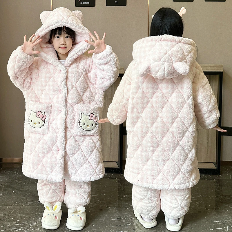儿童三层夹棉睡袍冬季新款女童法兰绒睡衣加绒加厚连帽母女家居服