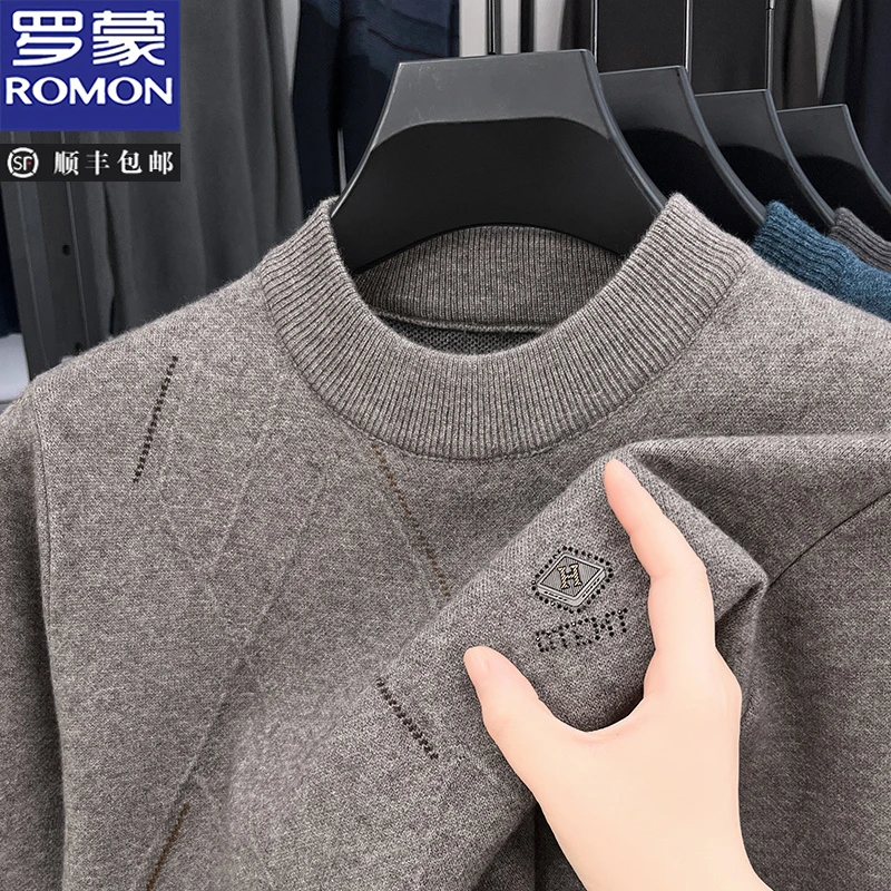 罗蒙冬季新款圆领加厚针织衫新款男士百搭中老年舒适毛衣保暖上衣