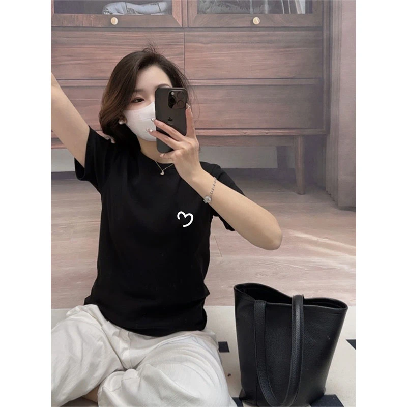 2025春夏秋季新款正肩圆领磨毛短袖t恤女时尚百搭黑色上衣打底衫