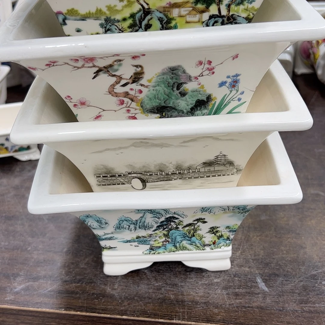 紫砂花盆绿***阁507号瑕疵4个口不正脚步裂纹处理介意勿拍