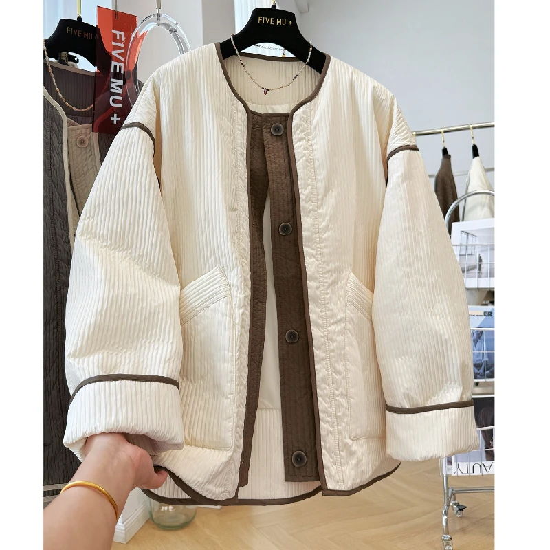 高级感拼接撞色夹棉圆领休闲女士秋冬棉服外套