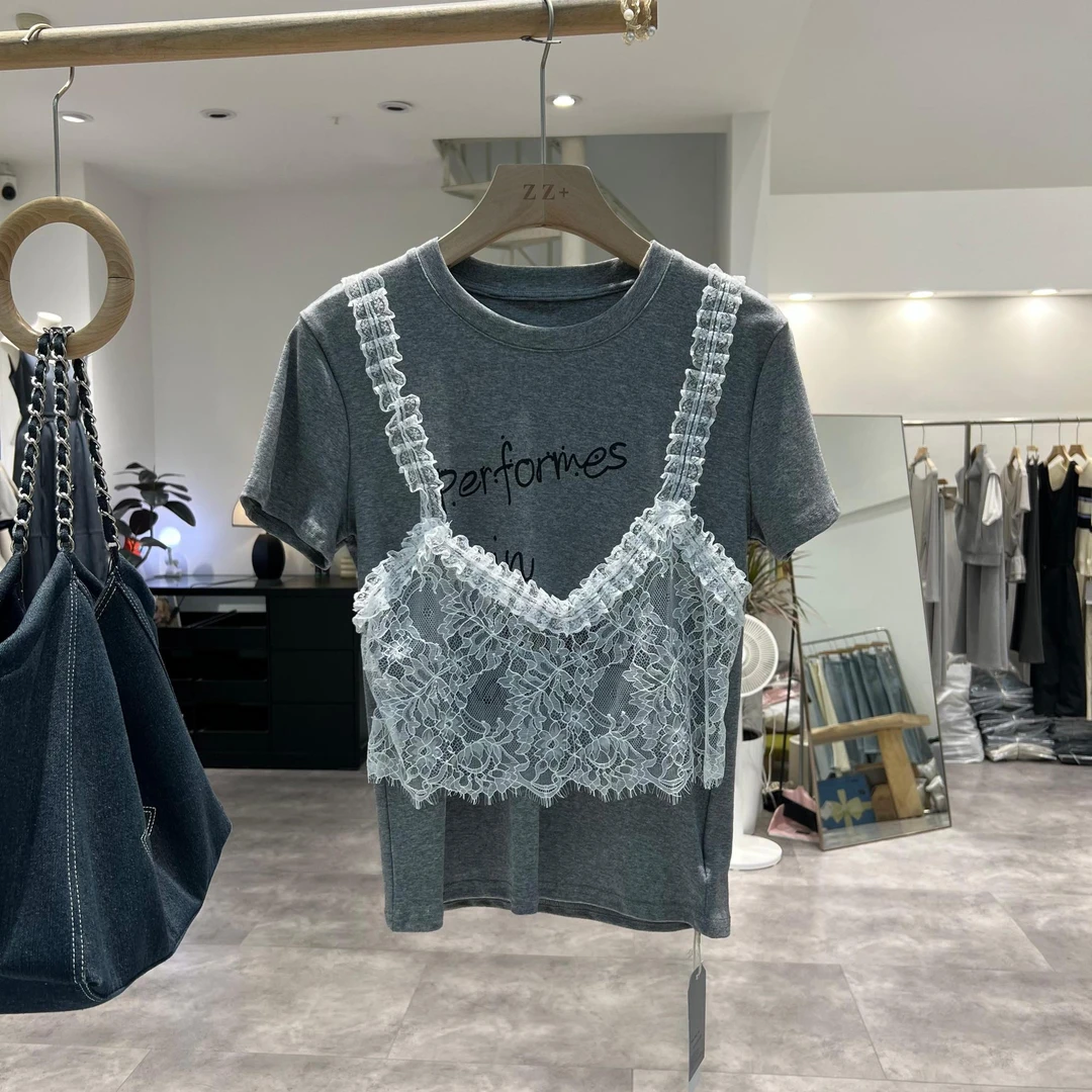 5546东大门新款蕾丝吊带假两件设计款圆领T恤