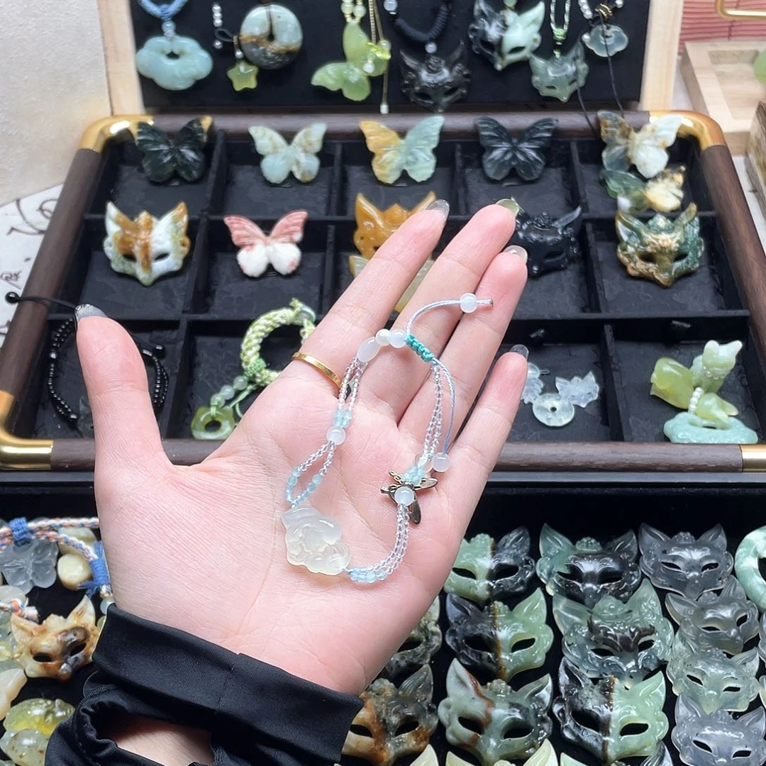 未镶嵌蛇纹石玉颈饰荷花手链不退不换