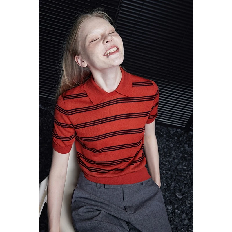 moment红色条纹短袖针织衫女2025夏季新款宽松慵懒风高级感超好看