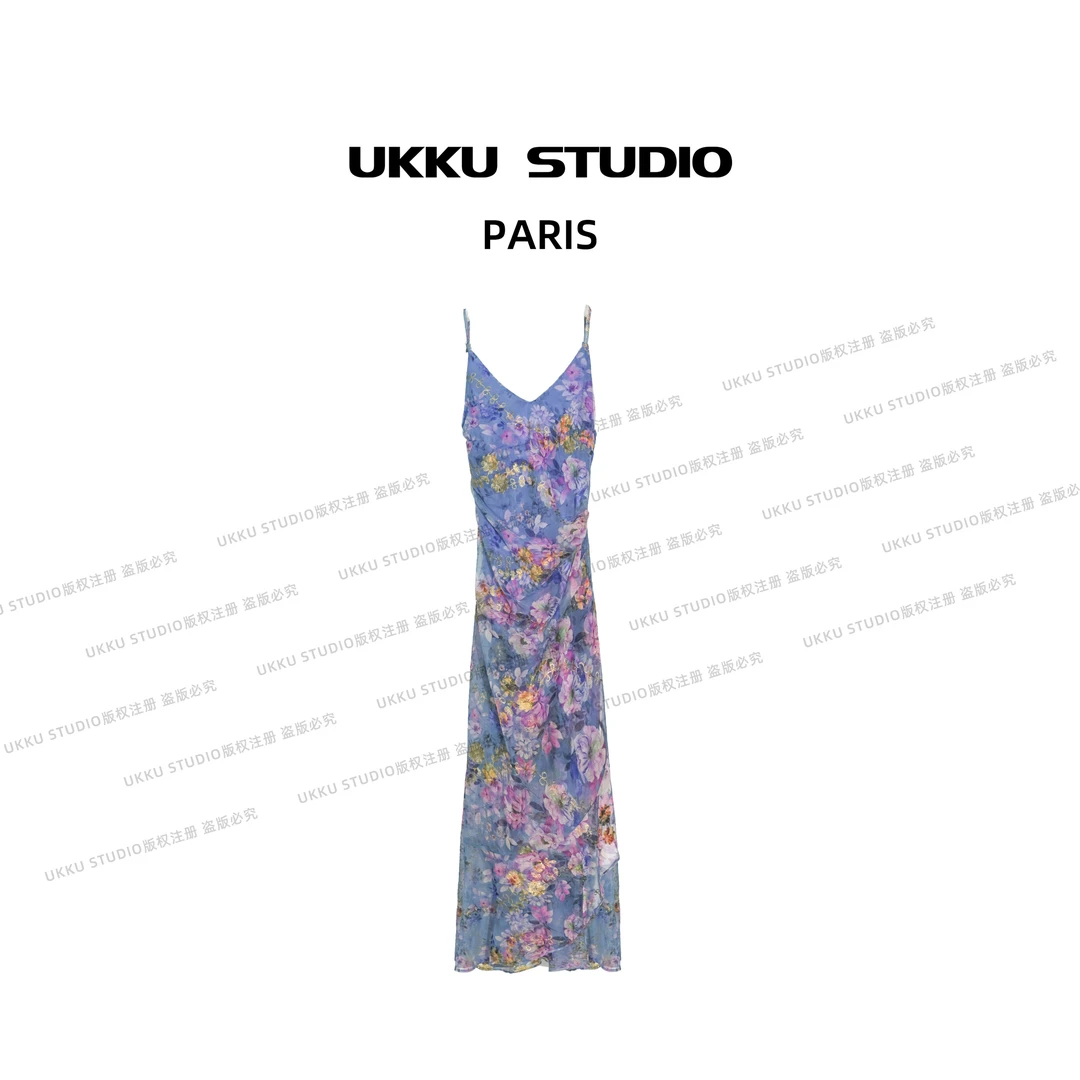 慧慧【UKKU STUDIO】【紫霞仙子】设计师玫收腰花朵吊带连衣裙813828