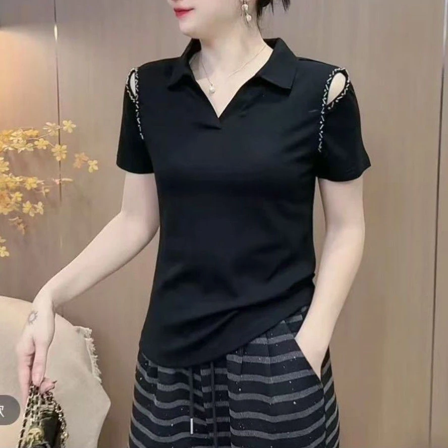 夏季欧货设计时尚镂空露肩新款性感短袖钉珠百搭T恤修身洋气上衣