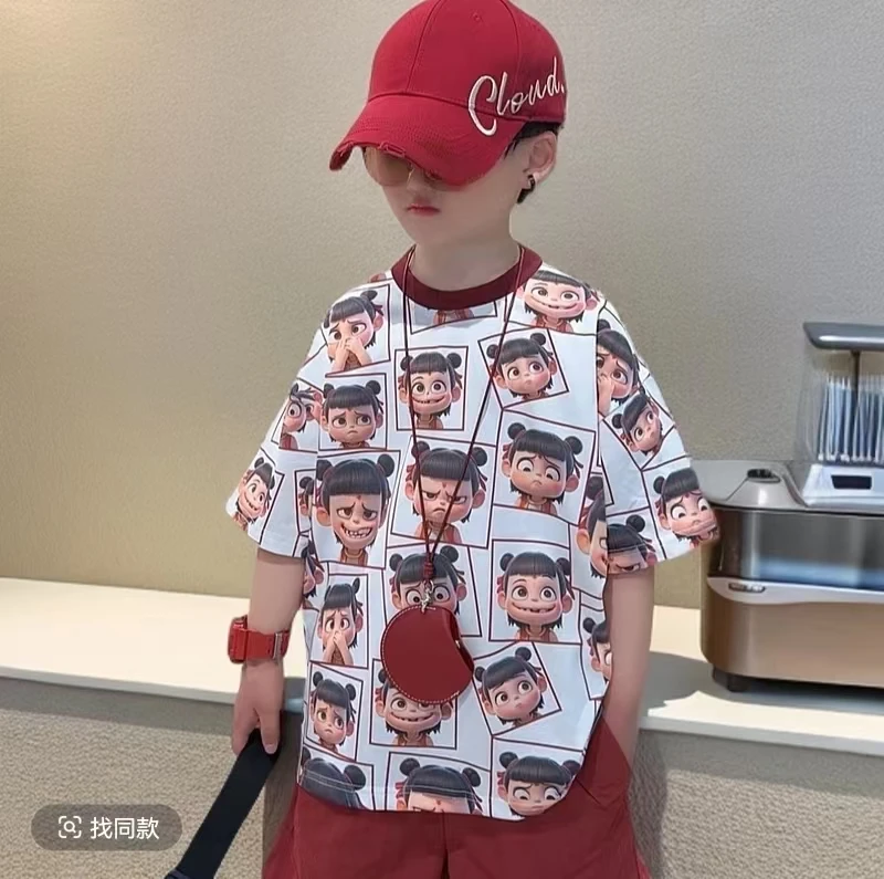潮童bi备款~男童爆款哪吒满印半袖迷彩T恤短袖6915