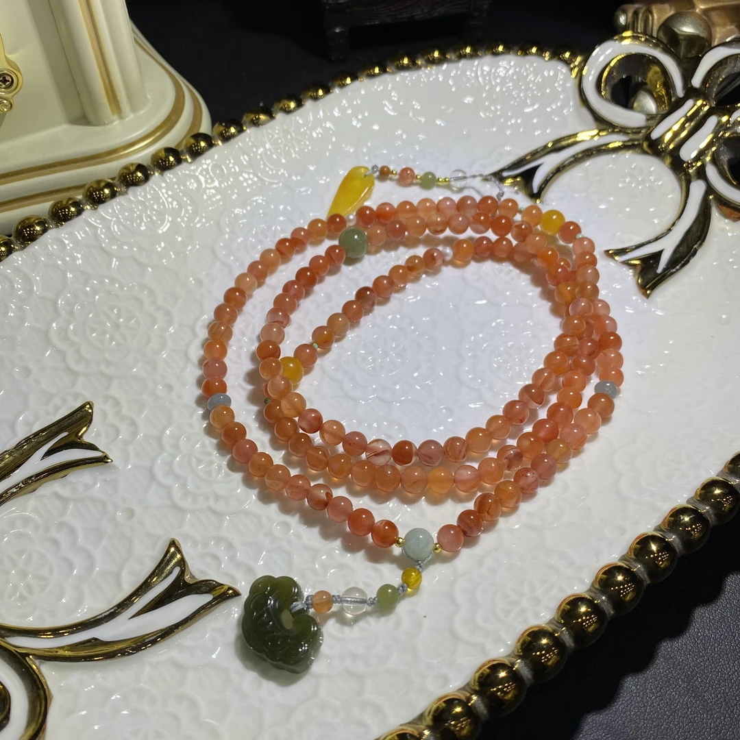 X938-天然南红玛瑙搭配和田玉如意设计款珠链-多样性发其一