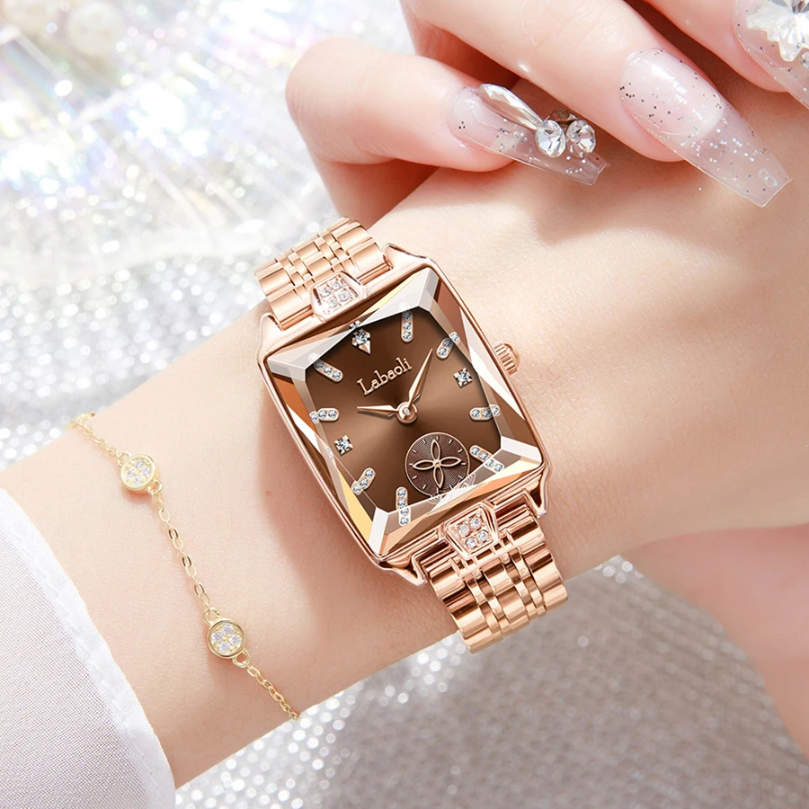 优雅系列 气质女士方形腕表钻石切割镜面独立秒盘咖金蓝（小青）