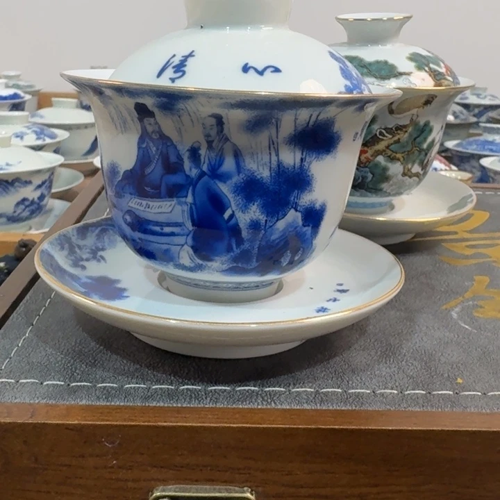 高白泥竹林七贤盖碗