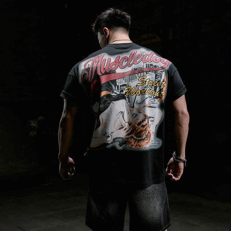 肌肉狗 霓虹甜心 美式潮流凉感运动休闲T恤男宽松训练健身半袖