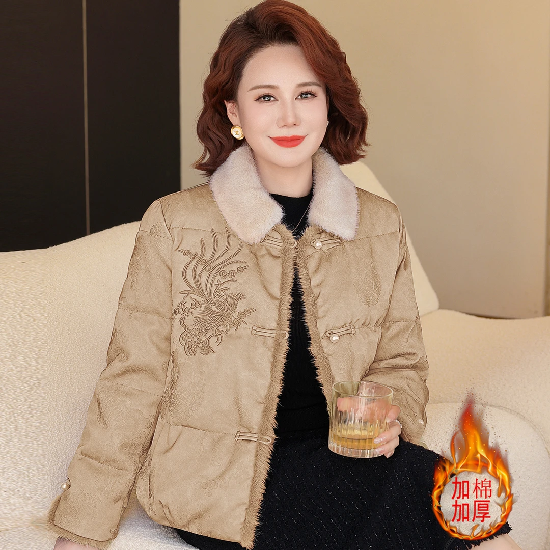 俞兆林中国风毛领刺绣棉服女中老年妈妈装加棉加厚保暖外套2025冬