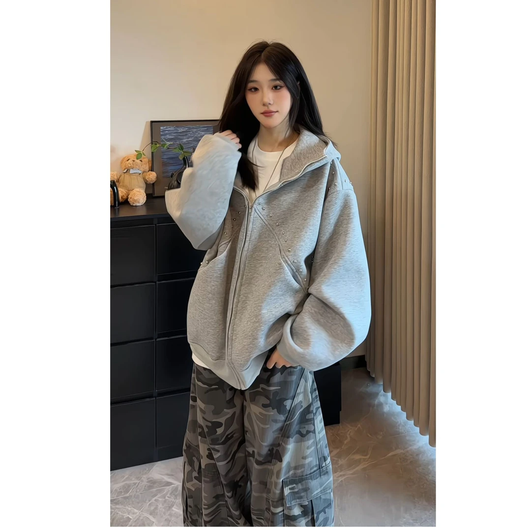 【初秋穿搭】460克重磅铆钉开衫卫衣男女同款连帽休闲百搭潮牌外套