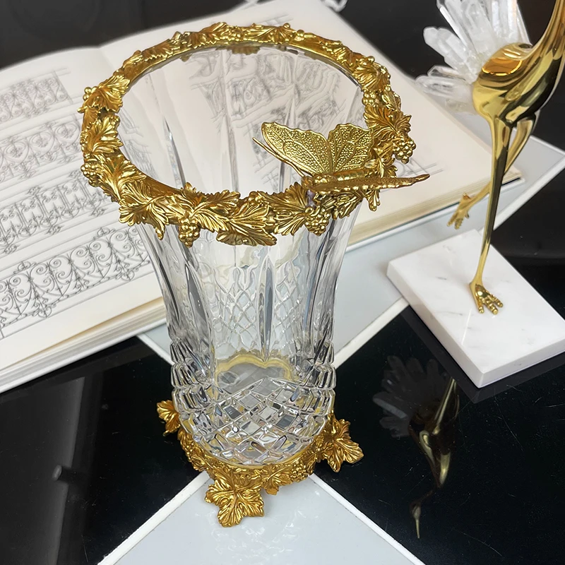 REDSEC美式轻奢黄铜配水晶玻璃精致花瓶创意插花装饰用品