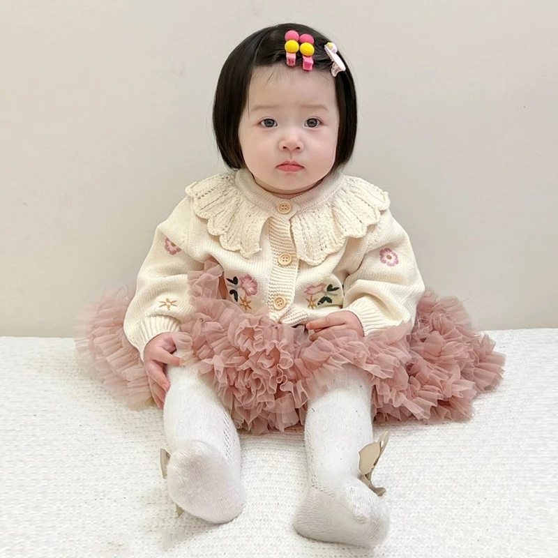 女宝宝米色娃娃领针织开衫tutu半身裙公主周岁蓬蓬半身裙礼服套装