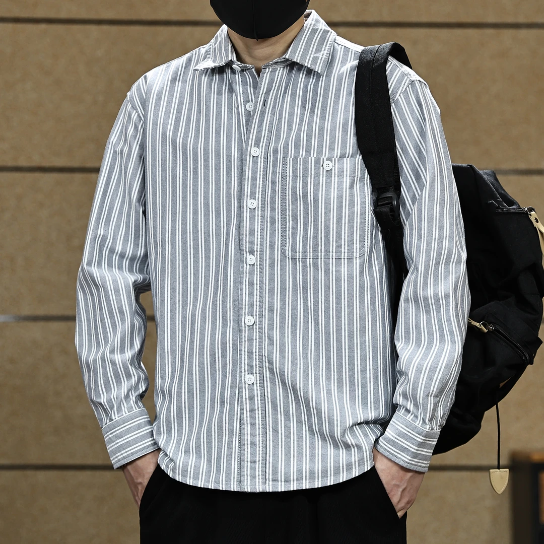 高端美式复古条纹休闲衬衫男春秋季潮牌宽松翻领纯棉百搭衬衣外套