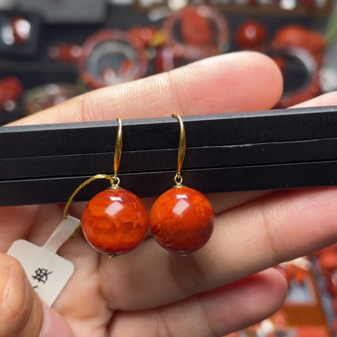 【闪购商品】未镶嵌火焰纹圆珠耳坠12mm南红玛瑙