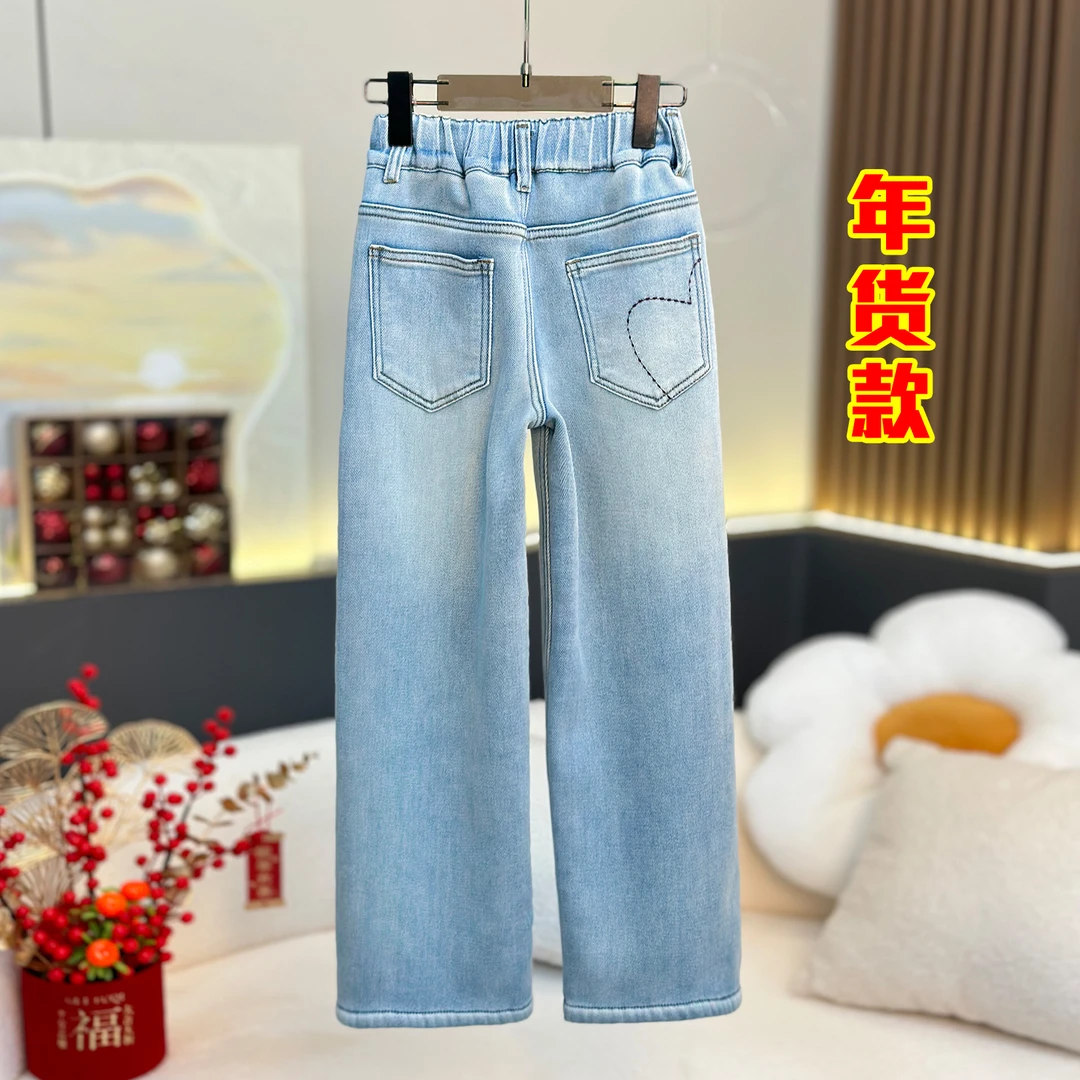 【年款弹力】~加绒女童牛仔裤洋气刺绣款显瘦宽松阔腿裤3733