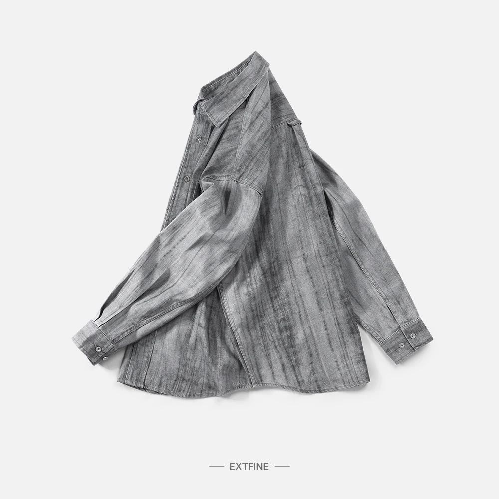 Extfine春上新日系复古高级感扎染印花翻领长袖衬衫男宽松设计感