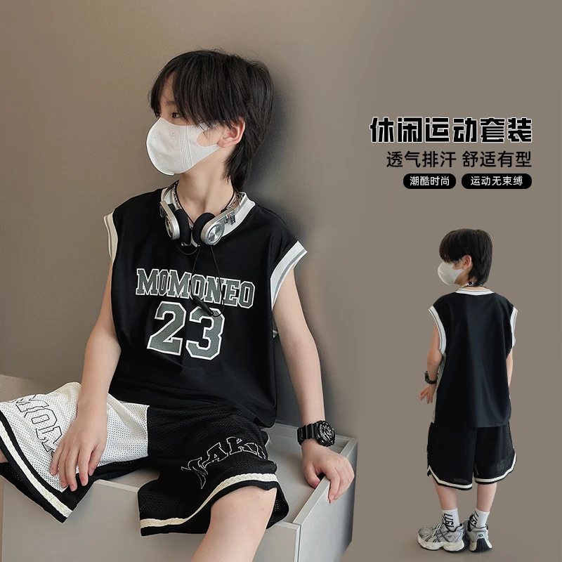 男童运动套装夏装2025新款男孩蓝球服中大童训练服儿童休闲两件套