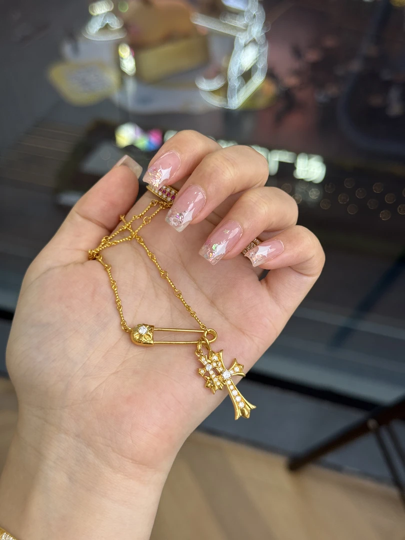 足金999 许愿鼓别针十字架套链