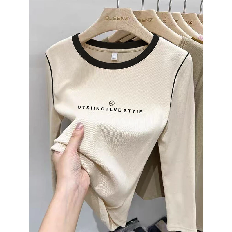 插色肩膀线条圆领长袖t恤女款2025新款爆款秋冬季时尚打底衫上衣