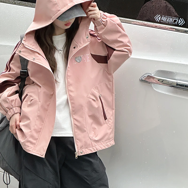 女童秋装拼色拉条冲锋衣连帽外套6-12岁小女孩宽松潮流学生15岁