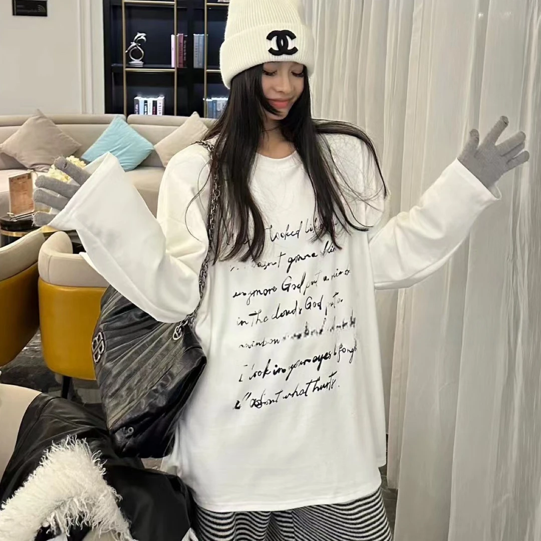 【水原家】 大版型宽松韩版中长款白色洋气时尚字母T恤