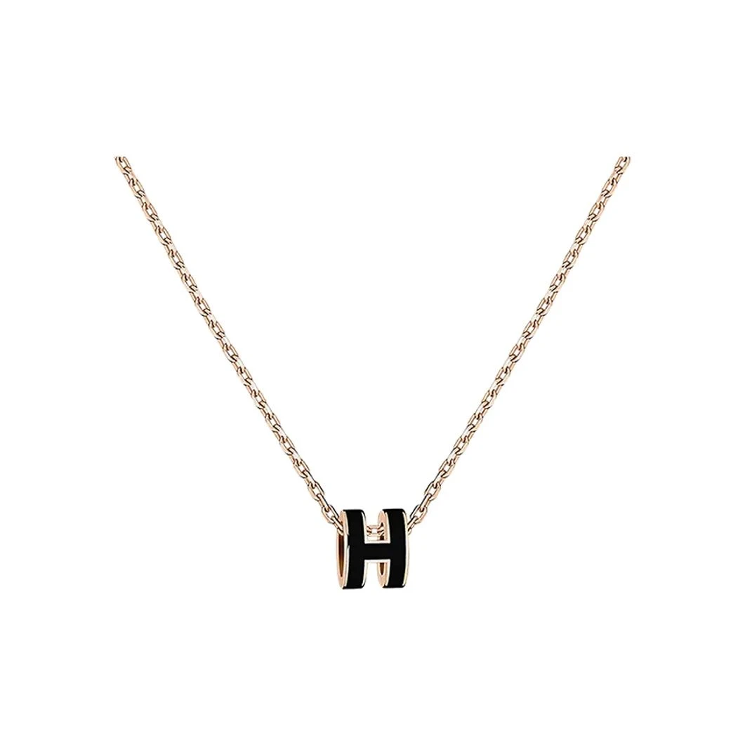 99新 Hermes/爱马仕 Mini Pop HH 标志字母 黑色吊坠 玫瑰金链条