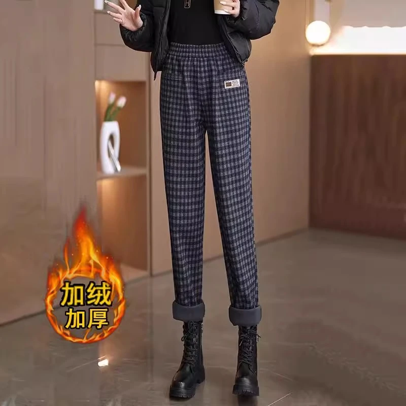 加绒加厚格子休闲裤女2025年秋冬新款大码宽松显瘦哈伦毛呢老爹裤