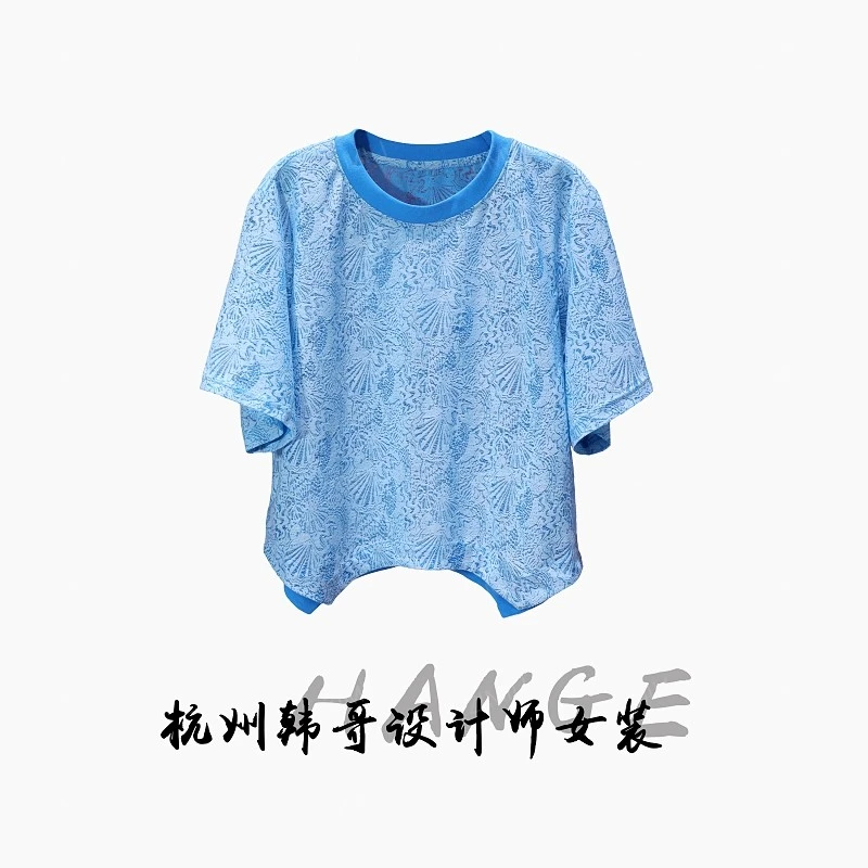 【韩哥女装】2025夏重工设计海水蓝蕾丝勾花微透时尚短袖9075-D2