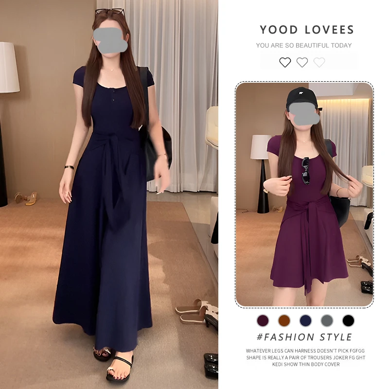 法式复古方领短袖连衣裙女夏季修身收腰气质小个子温柔风a字长裙