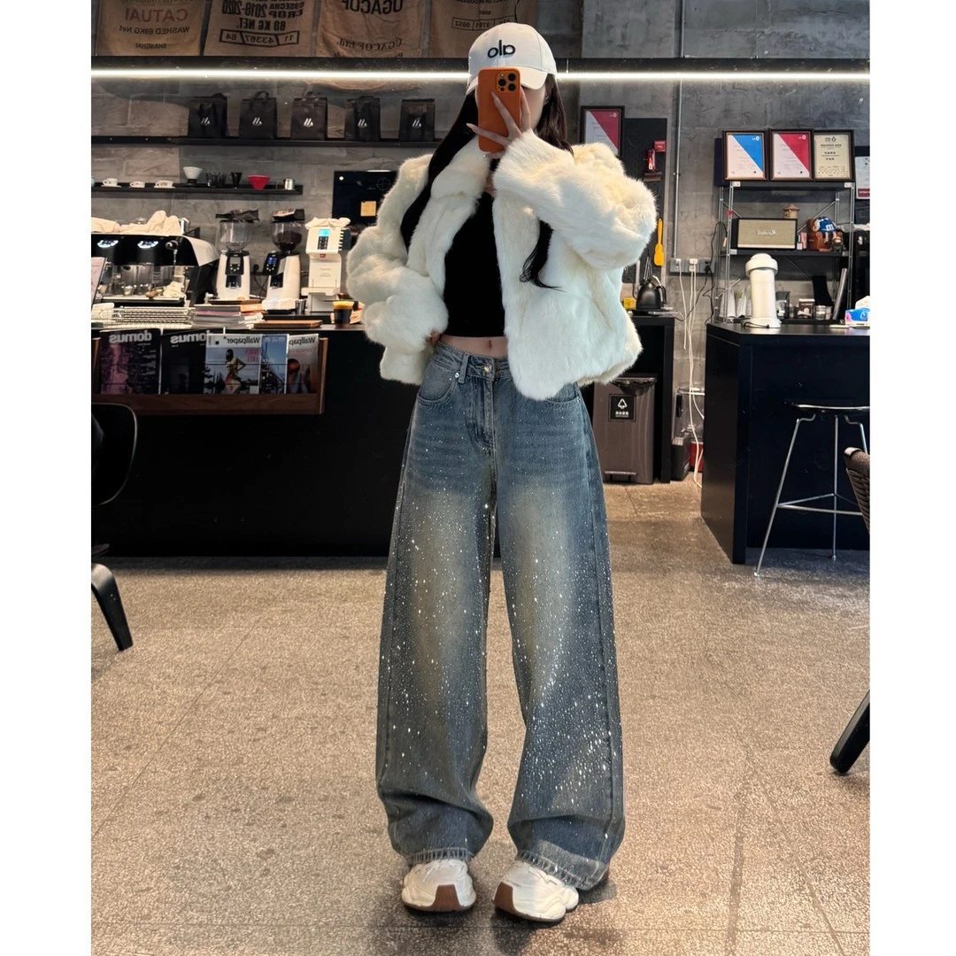 闪耀星河烫钻加绒牛仔裤新款时尚洋气百搭女装高腰显瘦宽松阔腿裤