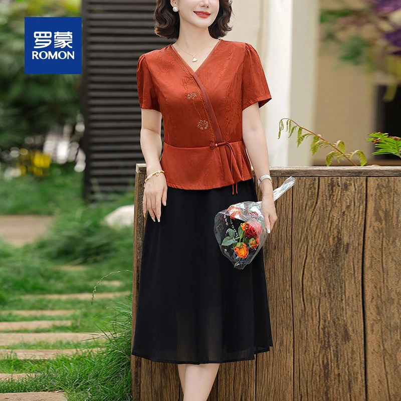 罗蒙小个子妈妈夏装新中式国风连衣裙中老年女装新款短袖雪纺裙子