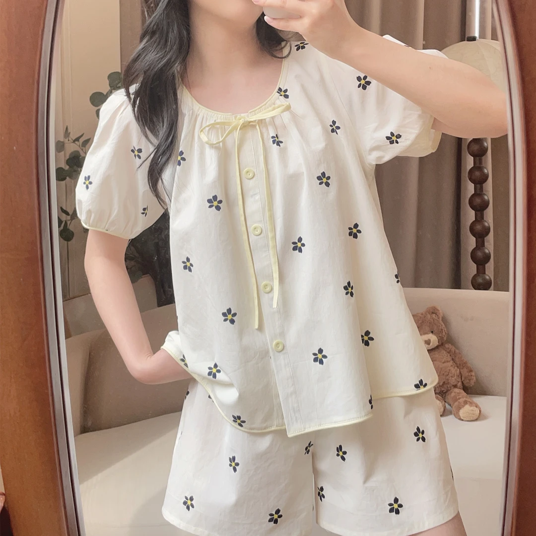 【5874星蕊】短袖短裤甜美新纯棉薄夏季外穿家居服睡衣宽松带胸垫