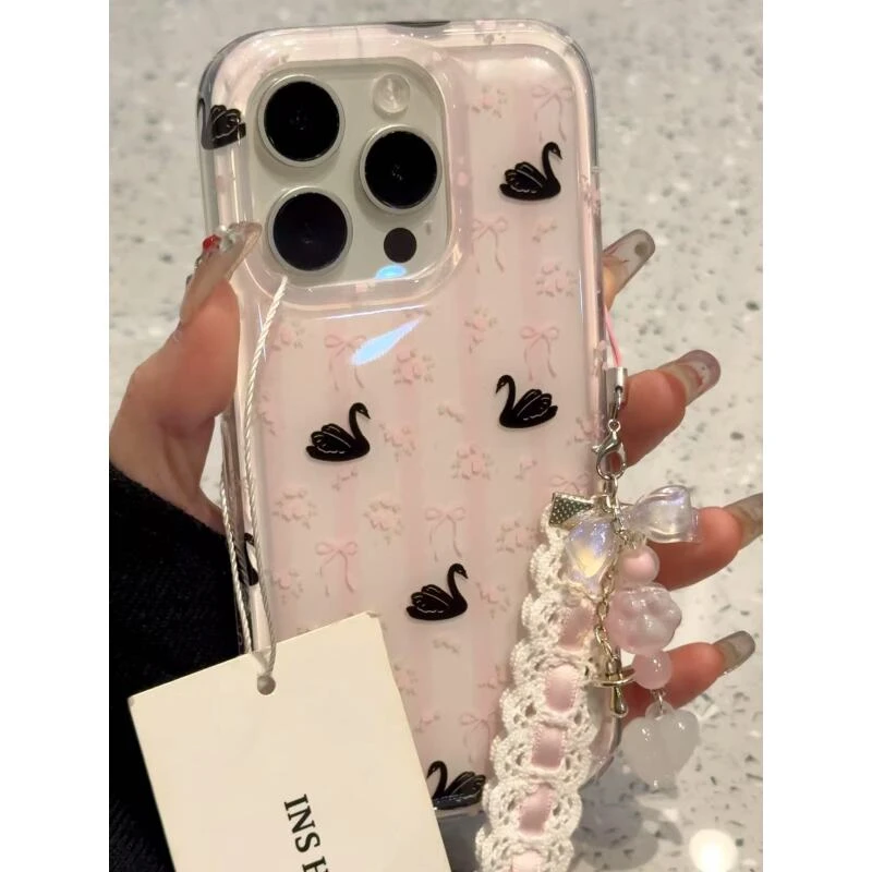 粉色碎花黑天鹅适用ihone16promax苹果15pro手机壳14新款13双层