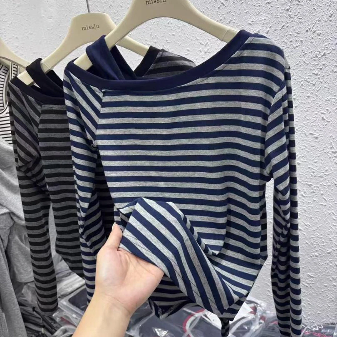露肩撞色条纹长袖T恤2025秋季新款韩版时尚宽松洋气上衣