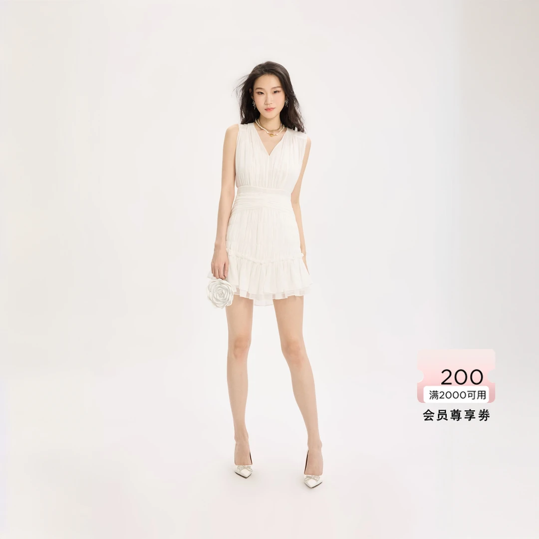 bebe2025夏季新款女士清新优雅气质V领无袖连衣裙250061