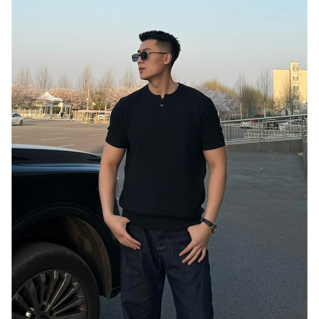 【LYFZ】美式简约菠萝纹单扣亨利领针织合身短袖T恤男士夏季百搭