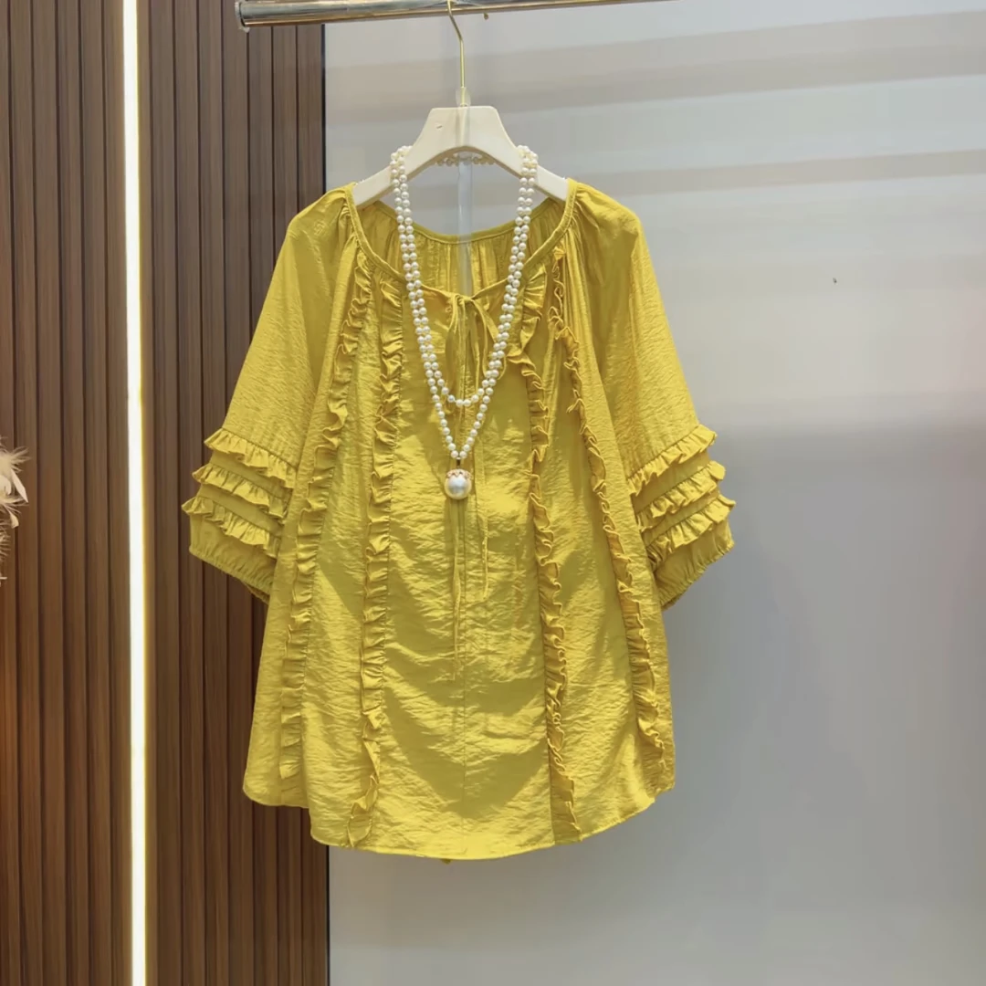 胖胖家*6389新款圆领细带蝴蝶花菲边减龄半袖