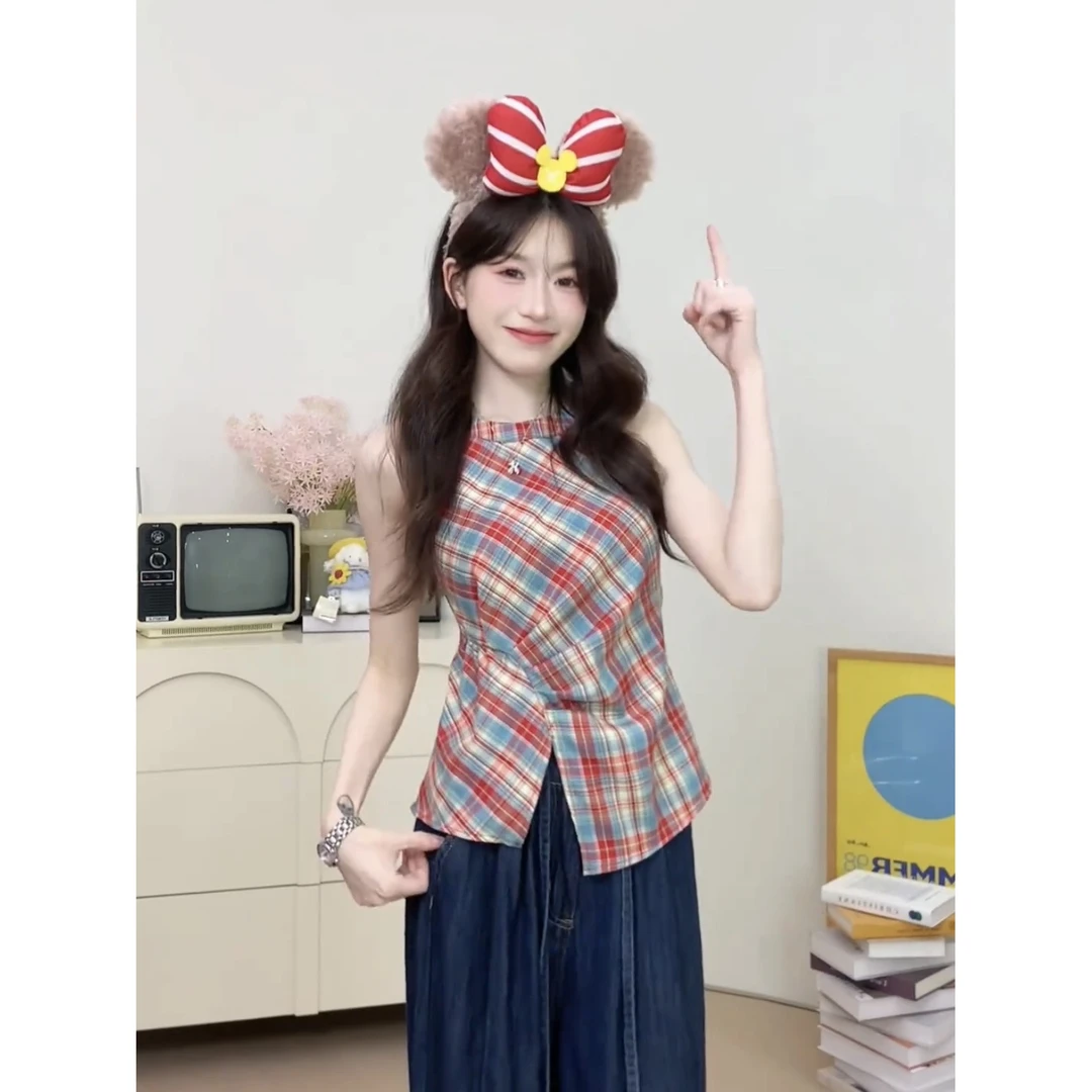 法式复古撞色格纹挂脖吊带背心女夏季不规则时尚修身显瘦无袖上衣