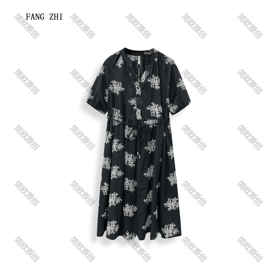 夏季棉质宽松刺绣提花中长款纯色圆领舒适休闲气质连衣裙 D3778