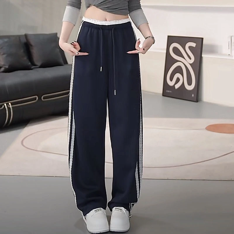 春秋蕾丝拼接阔腿休闲裤女2025新款韩系宽松显瘦百搭运动直筒长裤