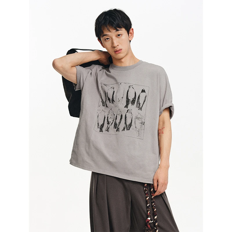 LIMPIDOCULUS剪裁水洗做旧线条小鸟岩灰色落肩短袖