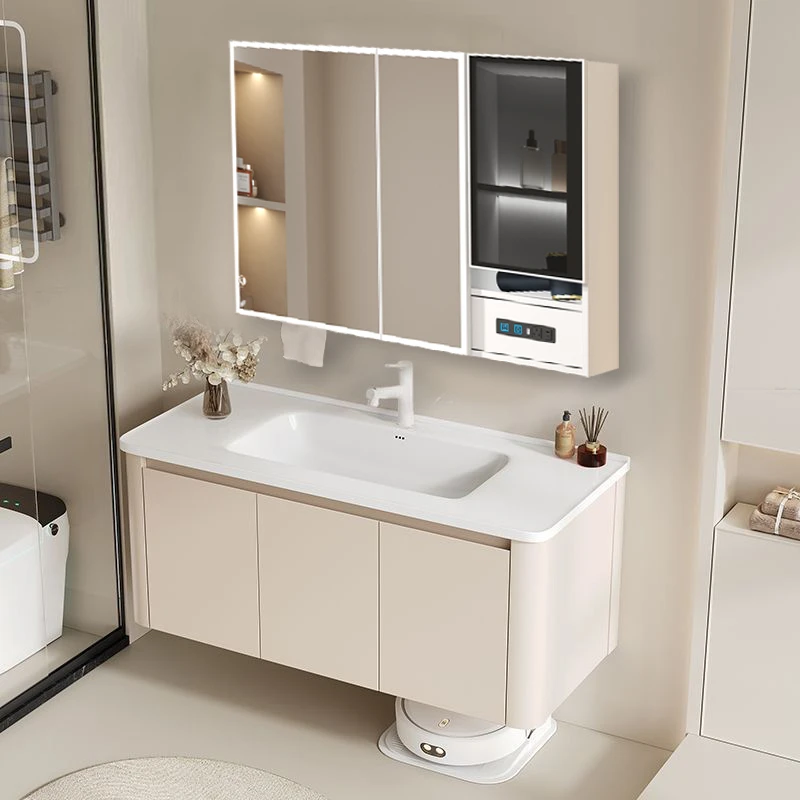 奶油风圆弧角蜂窝铝合金新款黑玻璃镜柜组合陶瓷一体盆洗漱洗脸台