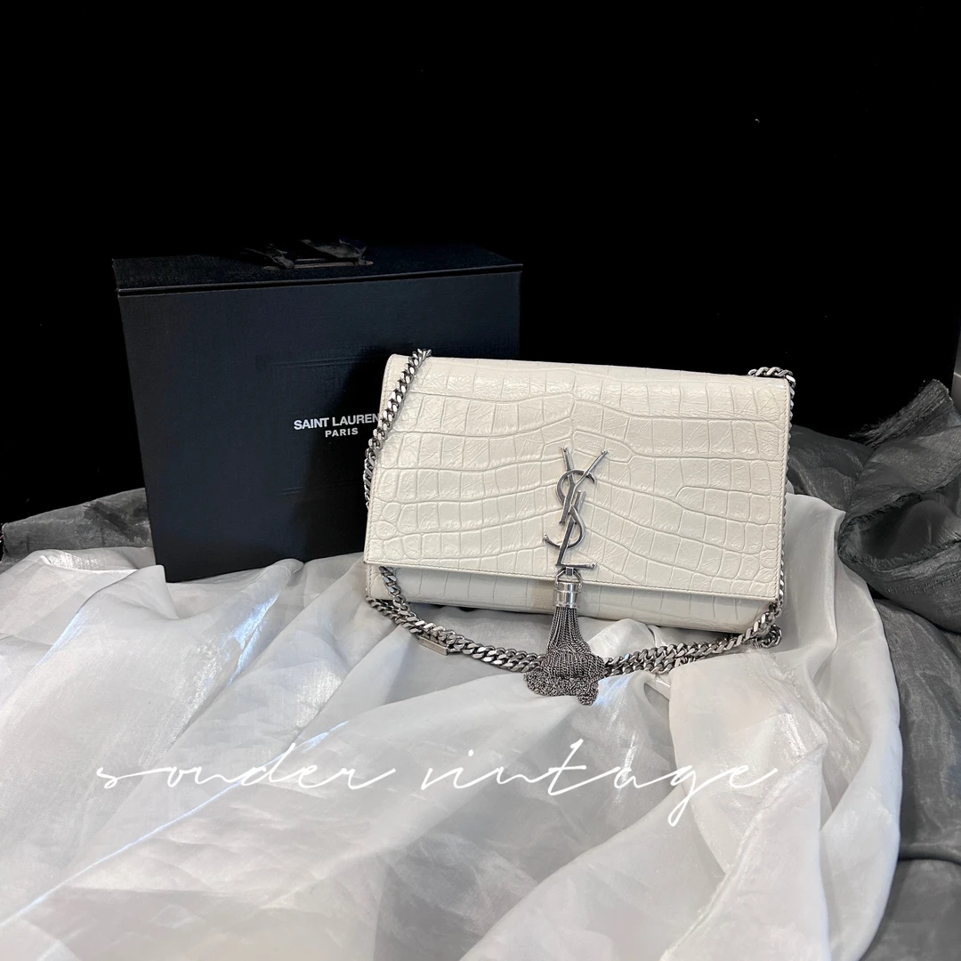 95新 YSL/圣罗兰 圣罗兰白色鳄压纹流苏款单肩斜挎包